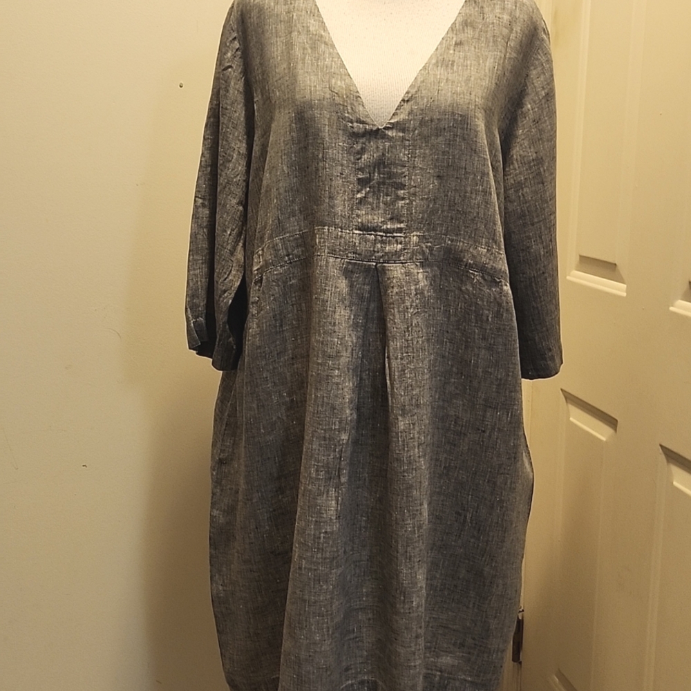 Linenbee Relaxed V-Neck 100% Linen Midi Dress in Heather Gray Size L